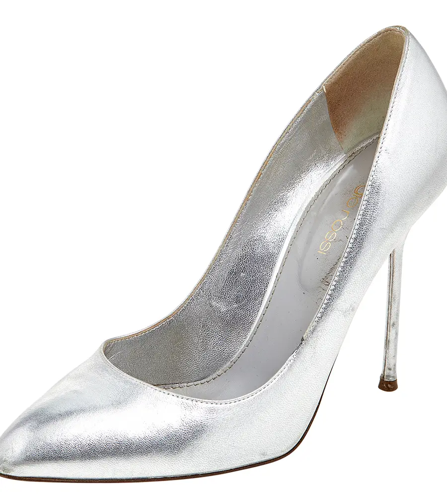 Sergio Rossi Metallic Silver Leather Almond Toe Pumps Size 37.5