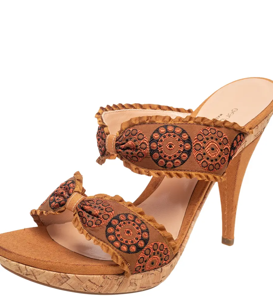 Sergio Rossi Mustard Brown Embroidered Fabric Double Bow Strap Slide Sandals Size 41