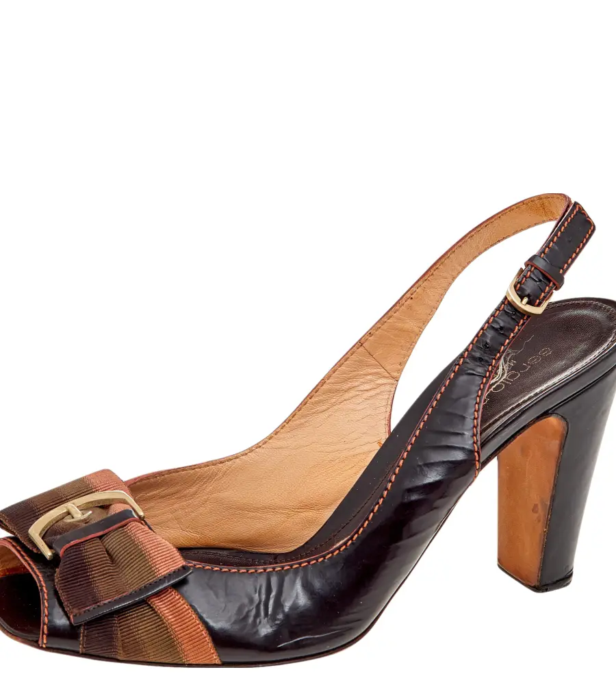 Sergio Rossi Dark Brown Leather And Fabric Peep Toe Sandals Size 38