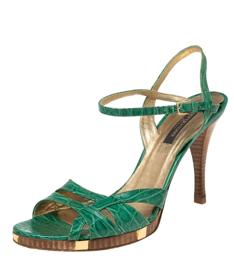 Sergio Rossi Green Croc Embossed Leather Ankle-Strap Sandals Size 41