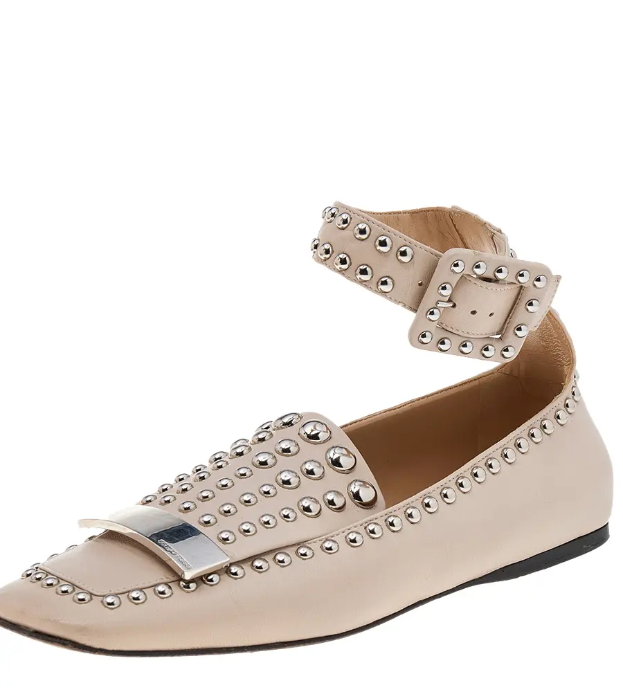 Sergio Rossi Beige Leather Studded Buckle Ankle Cuff Flats Size 39