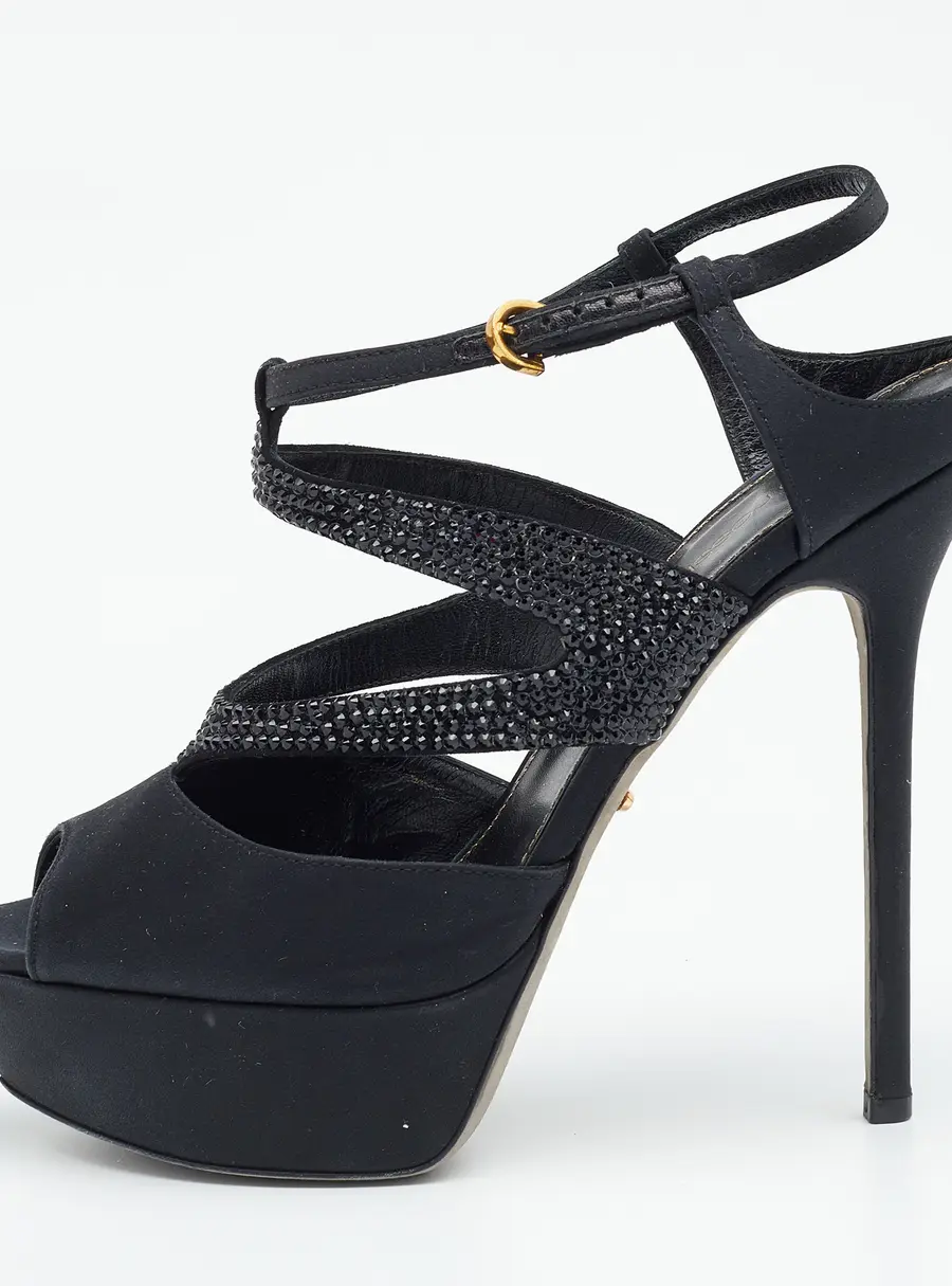 Sergio Rossi Black Satin Embellished  Ankle Strap Sandals Size 39