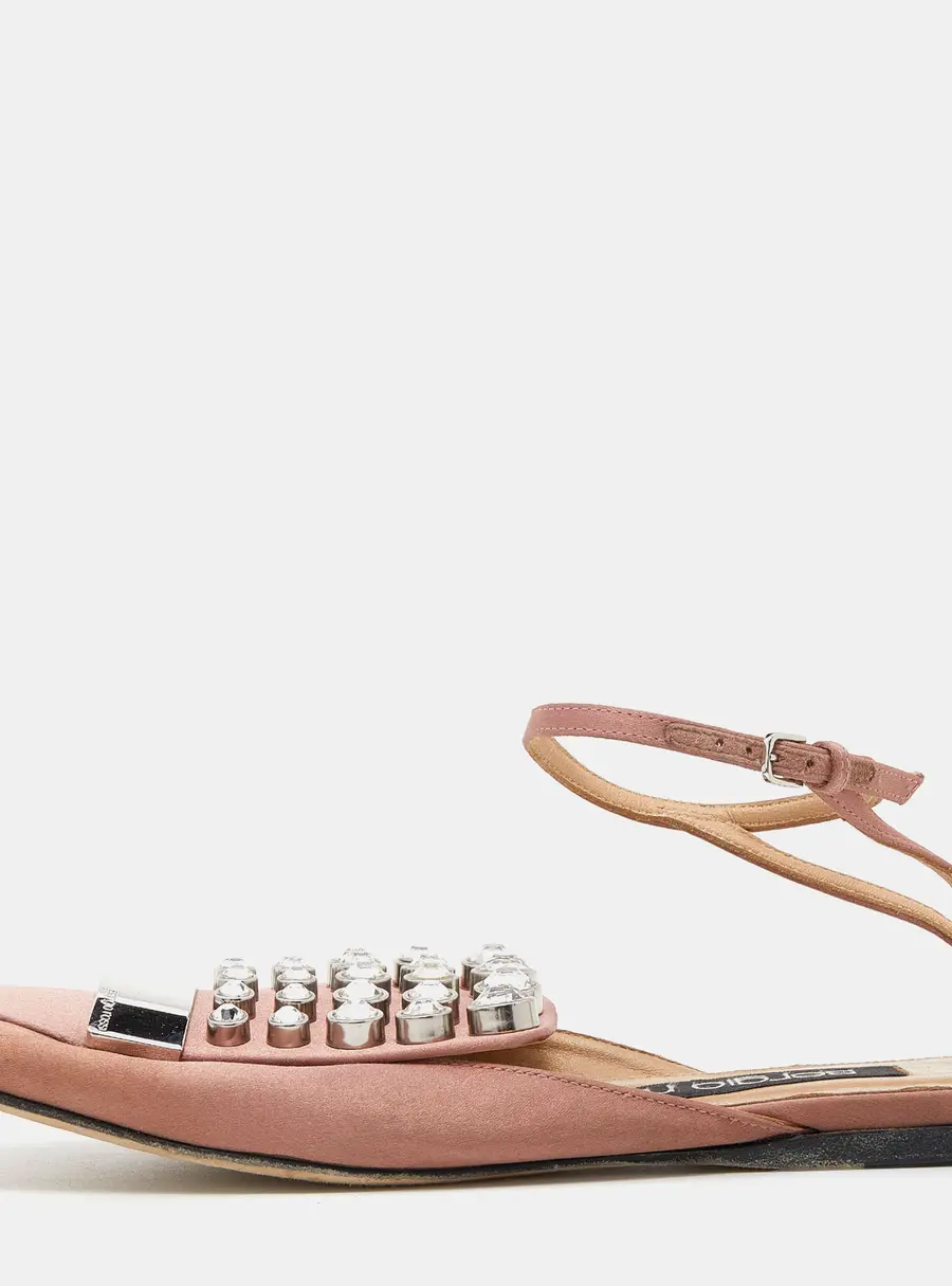 Sergio Rossi Old Rose Satin Crystal Embellished Ankle Strap Flats Size 36