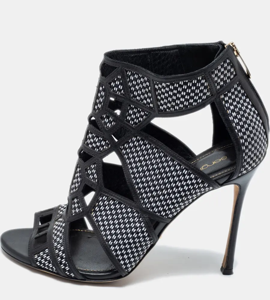 Sergio Rossi Black/White Woven Straw And Leather Cutout Ankle Boots Size 36