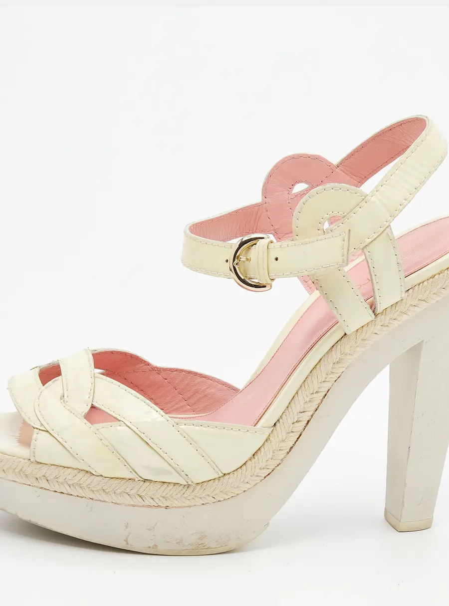 Sergio Rossi Cream Patent Leather Platform Espadrille Ankle Strap Sandals Size 39