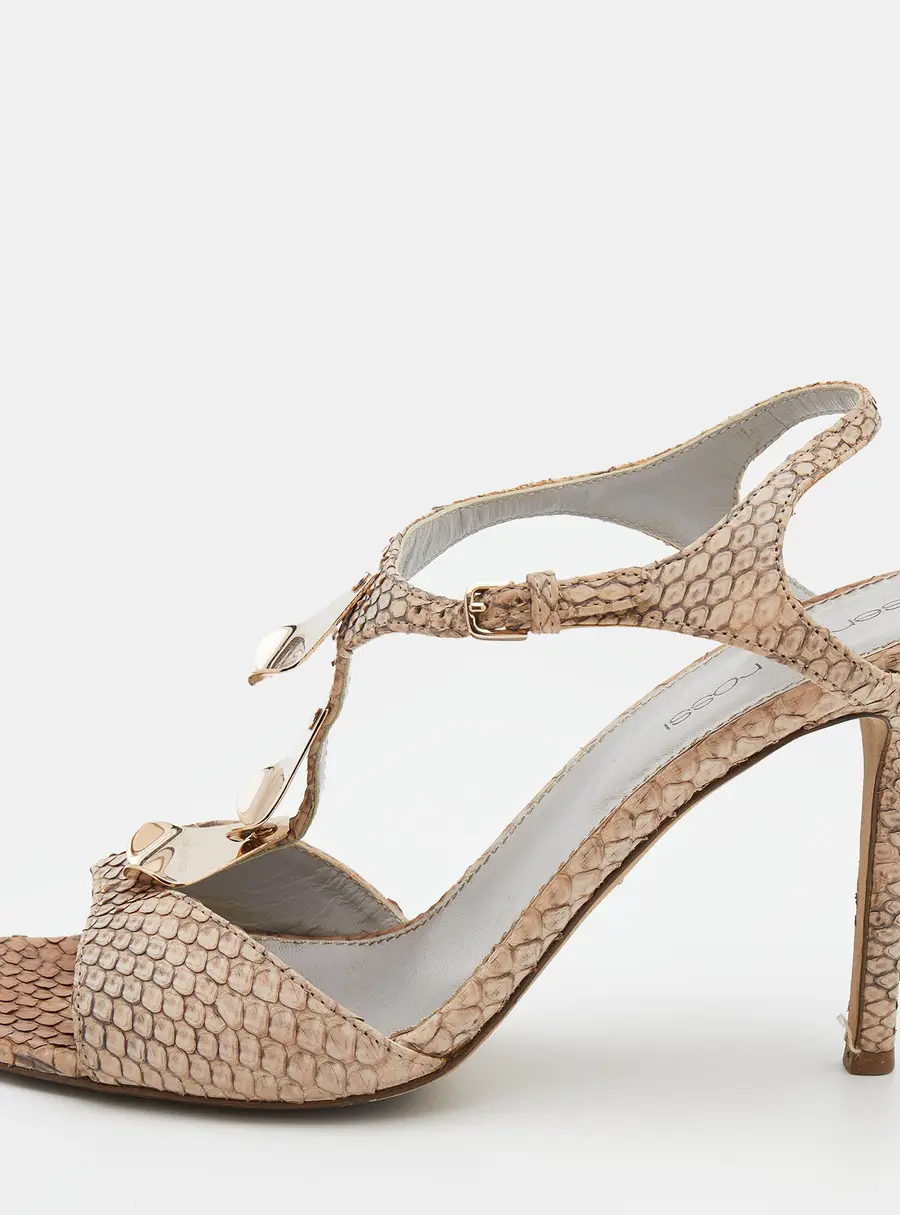 Sergio Rossi Size 37.5 Beige Python Leather T-Strap Sandals