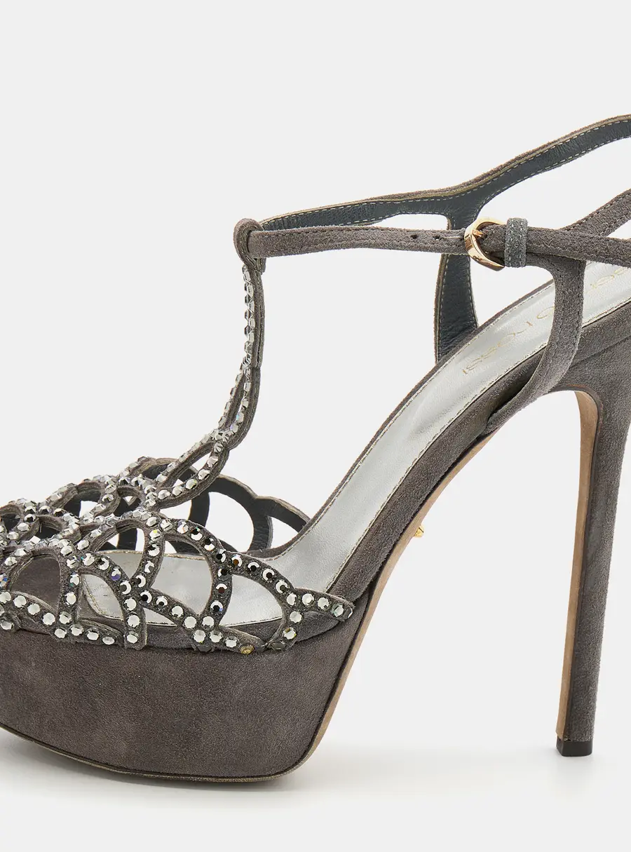 Sergio Rossi Grey Suede Embellished Strappy Scalloped Platform Sandals Size 36