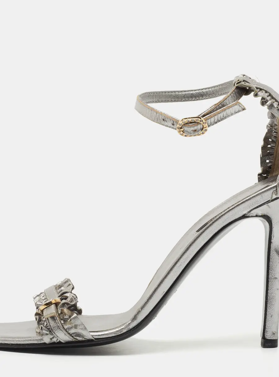 Sergio Rossi Metallic Grey Ruffle Leather Ankle Strap Sandals Size 40