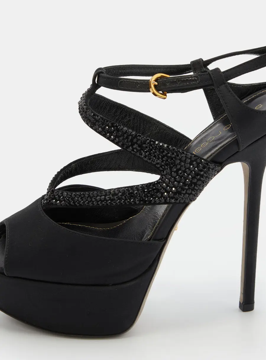 Sergio Rossi Black Satin and Leather Crystal Embellished Platform Sandals Size 36.5