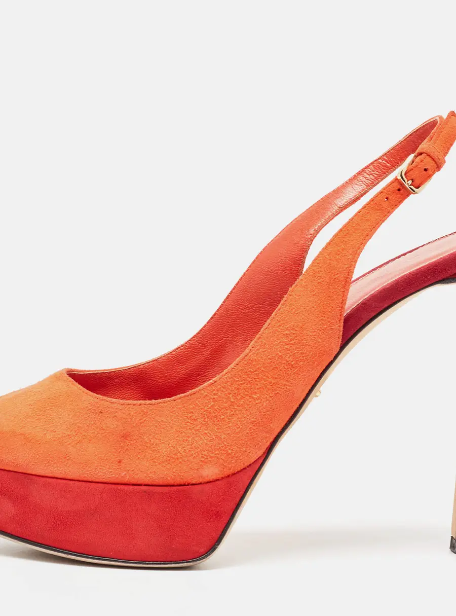 Sergio Rossi Orange Suede Peep Toe Platform Slingback Pumps Size 38