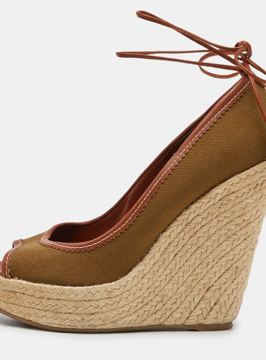 Sergio Rossi Brown Canvas Espadrille Wedge Ankle Tie Sandals Size 39