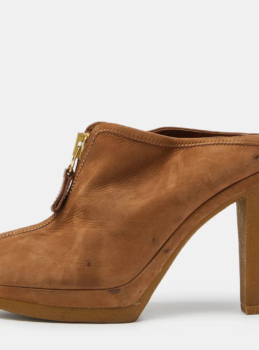 Sergio Rossi Brown Nubuck Leather Zip Platform Mules Size 38.5