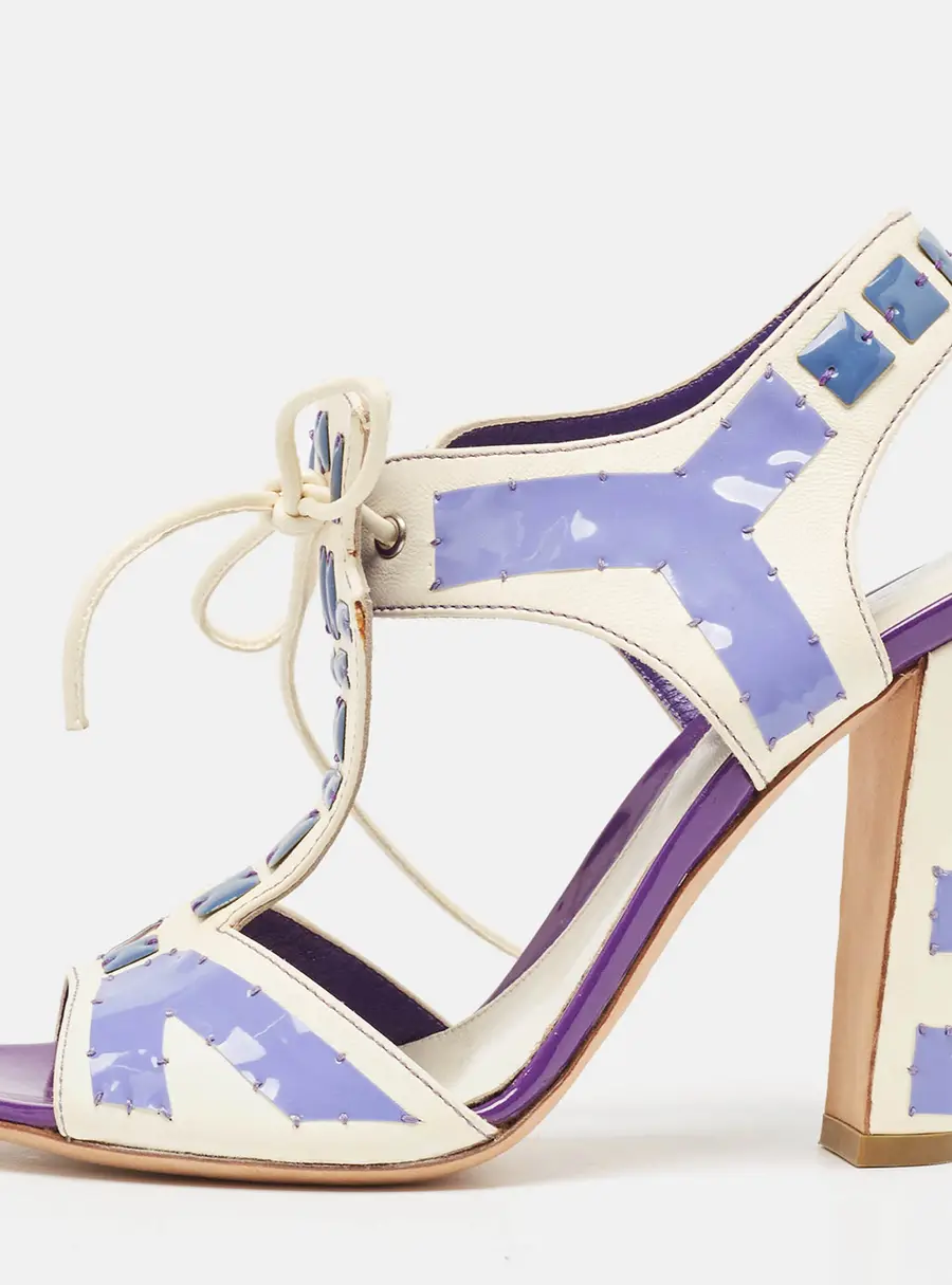 Sergio Rossi White Leather With Purple Cut Out Detail Peep Toe Sandals Size 36.5