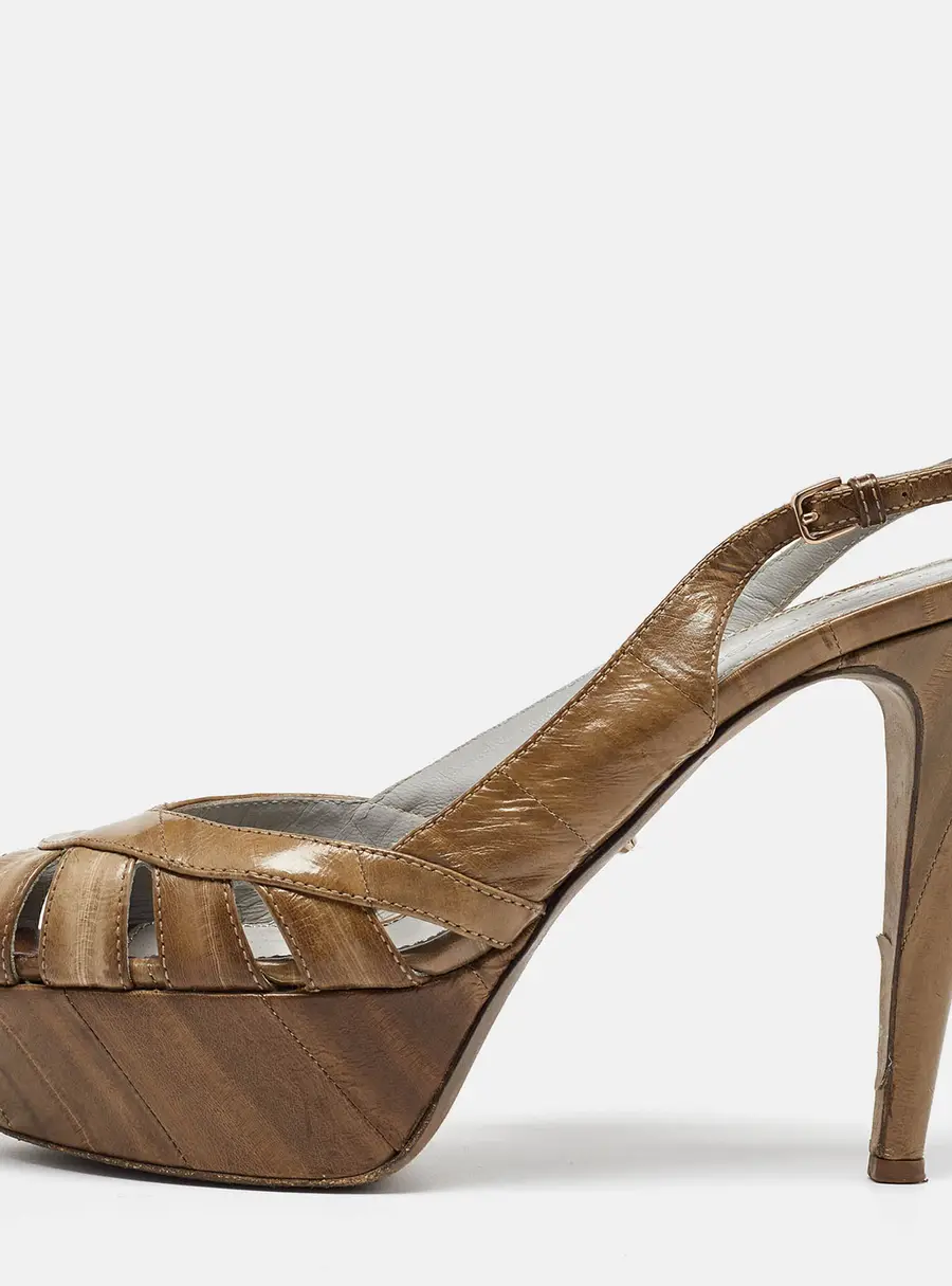 Sergio Rossi Olive Green Eel Leather Peep Toe Slingback Sandals Size 37.5