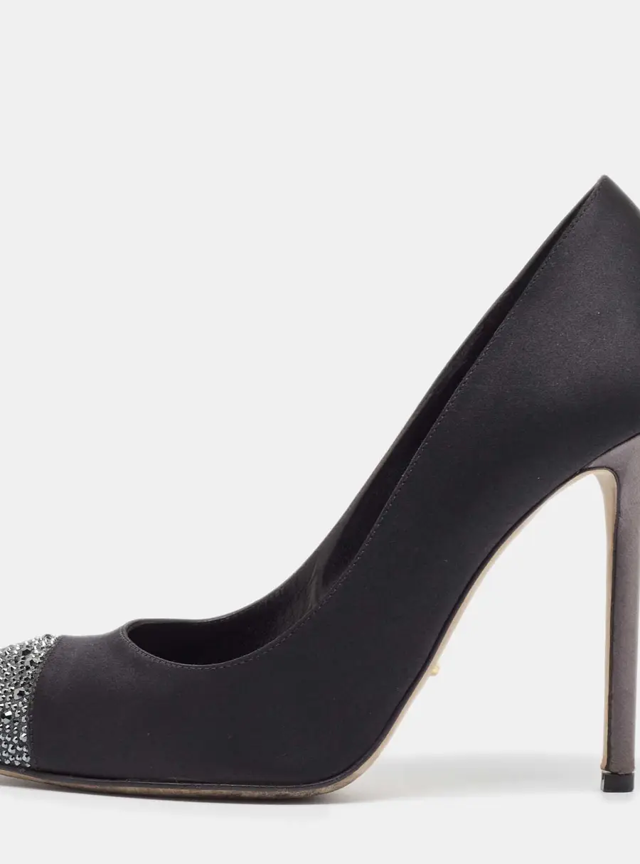Sergio Rossi Black/Grey Satin Crystal Embellished Peep Toe Pumps Size 38.5