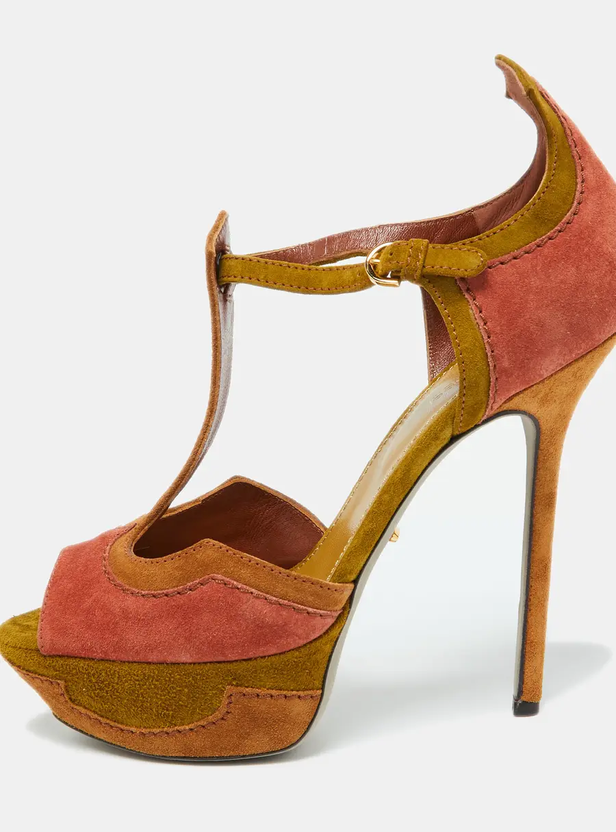 Sergio Rossi Tri Color Suede Platform Ankle Strap Sandals Size 38.5