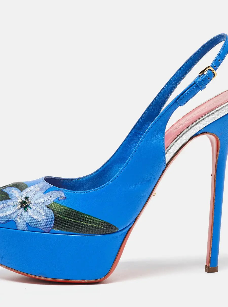 Sergio Rossi Blue Leather Peep Toe Platform Slingback Pumps Size 38.5
