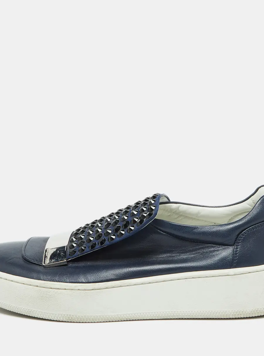 Sergio Rossi Blue Leather and Suede Crystal Embellished SR1 Low Top Sneakers Size 38