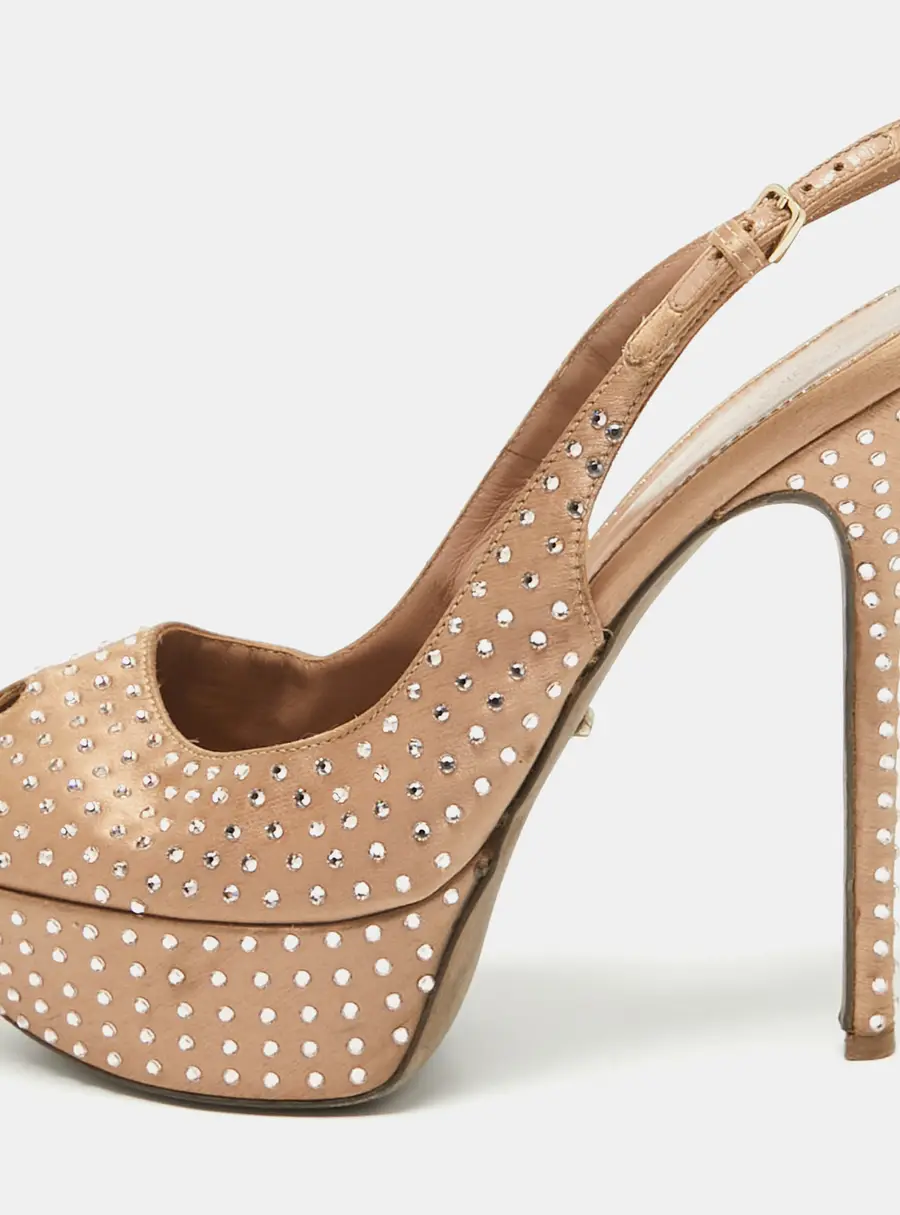 Sergio Rossi Light Brown Crystal Embellished Satin Peep Toe Platform Slingback Pumps Size 38.5