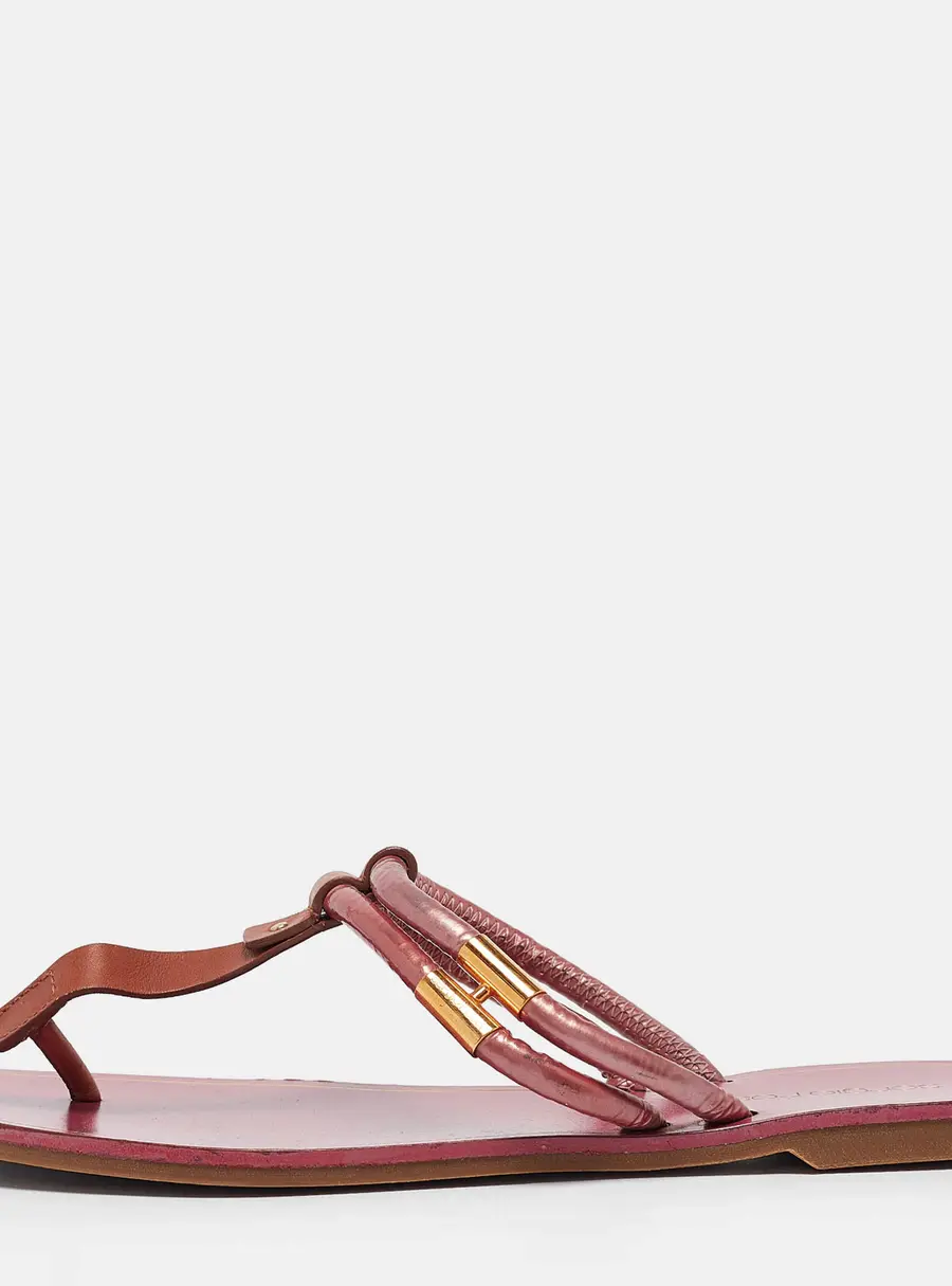 Sergio Rossi Purple/Brown Leather and PVC T Strap Flat Slides Size 39