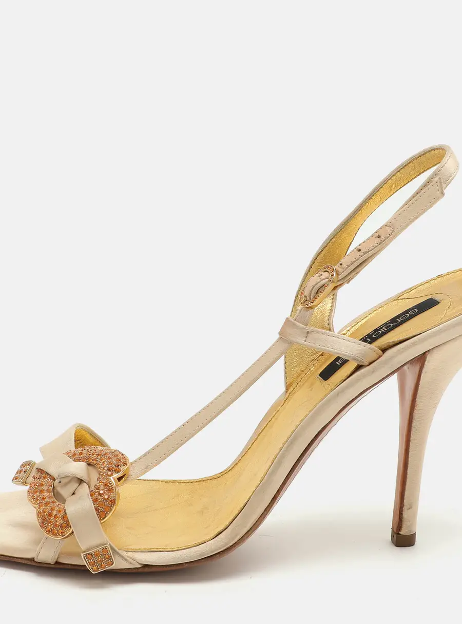 Sergio Rossi Beige Satin Embellished Slingback Sandals Size 41