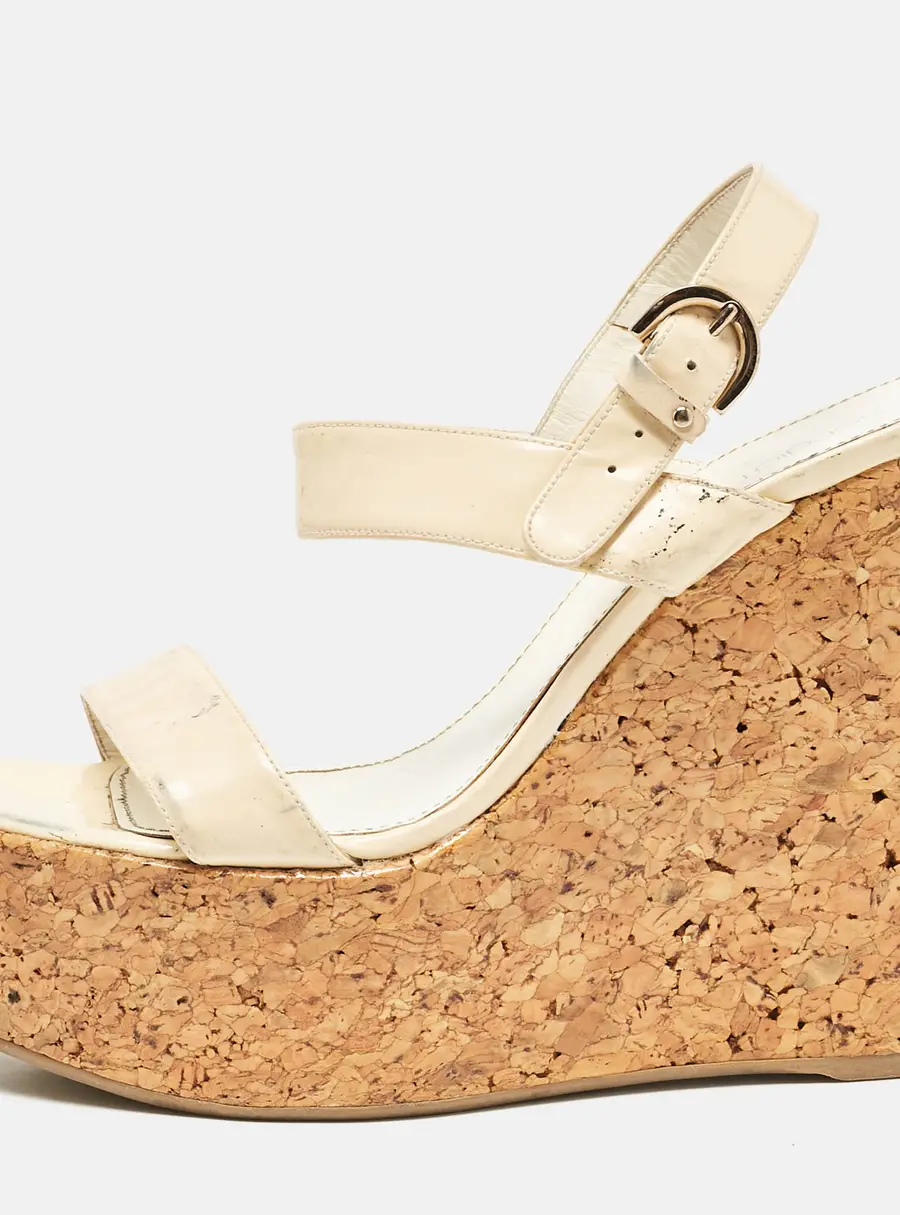 Sergio Rossi Cream Patent Leather Ankle Strap Cork Platform Wedge Sandals Size 38