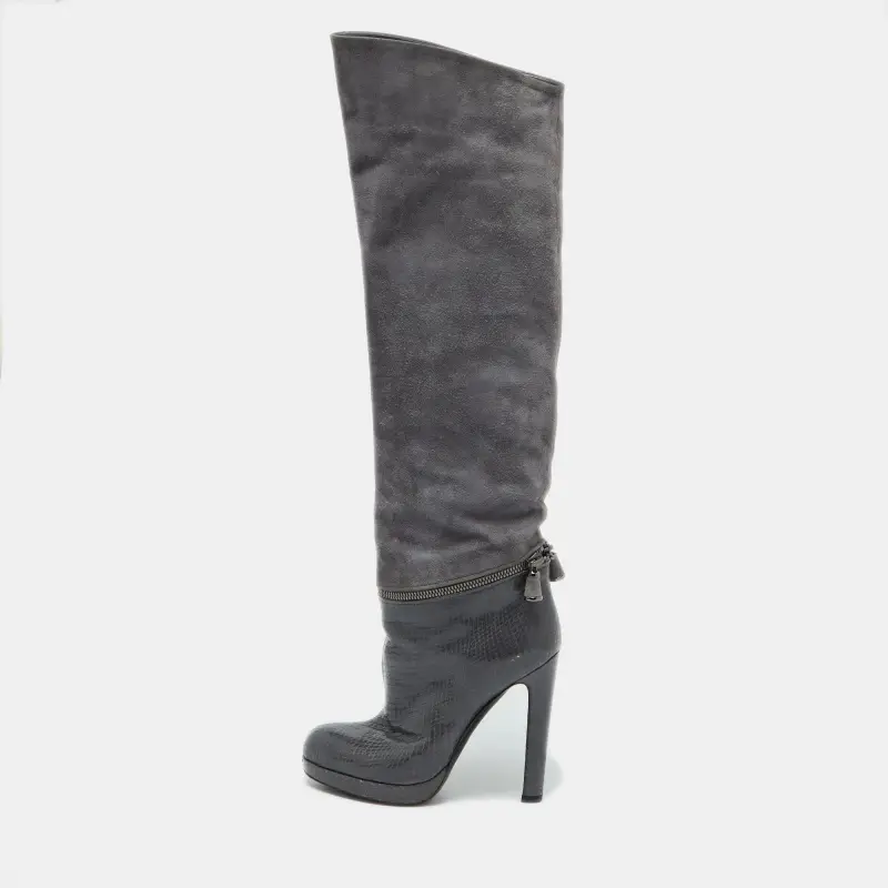 Sergio Rossi Size 35 Grey Snakeskin Leather and Suede Thigh High Boots