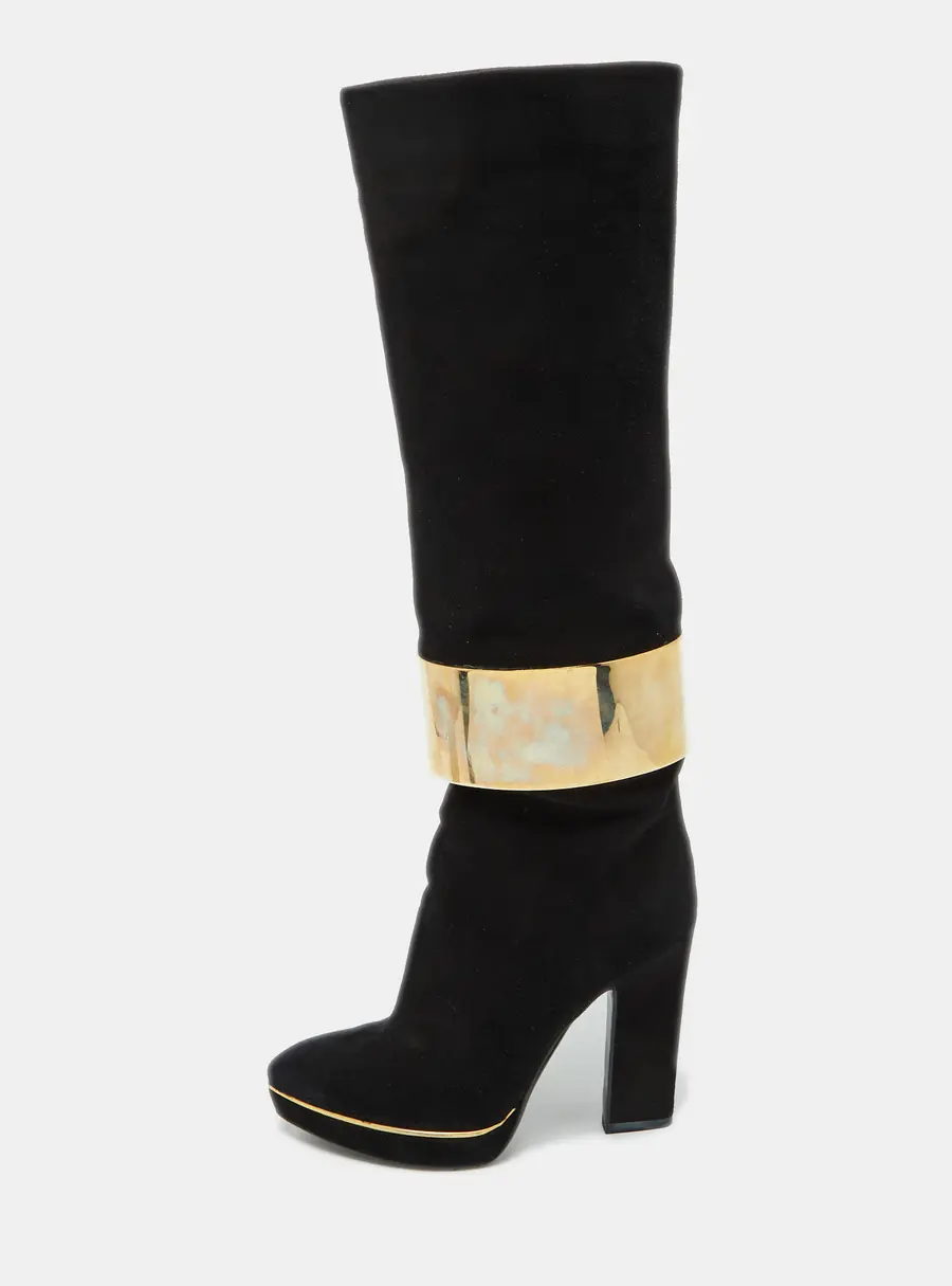 Sergio Rossi Black Suede Metal Cuff Platform Knee Length Boots Size 34.5