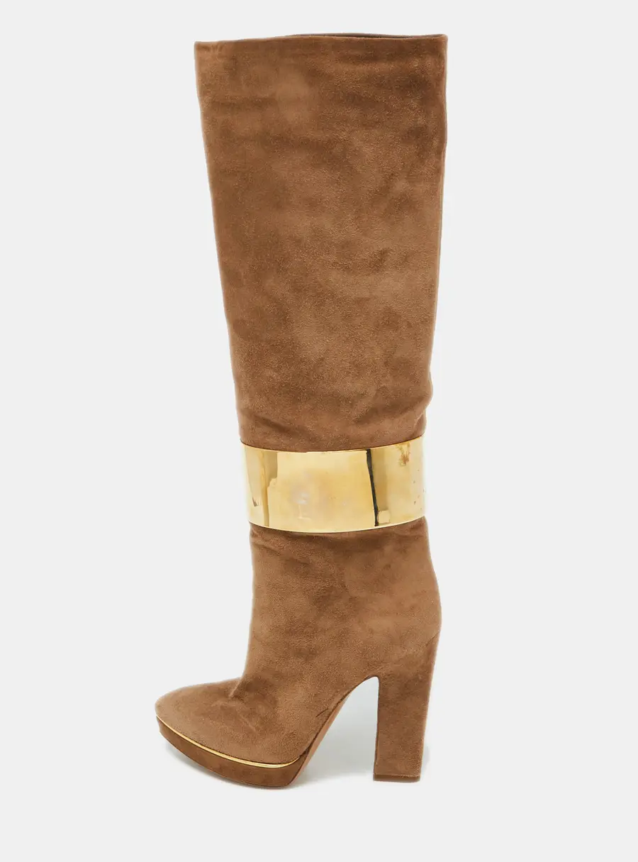 Sergio Rossi Light Brown Suede Metal Cuff Platform Knee Length Boots Size 36