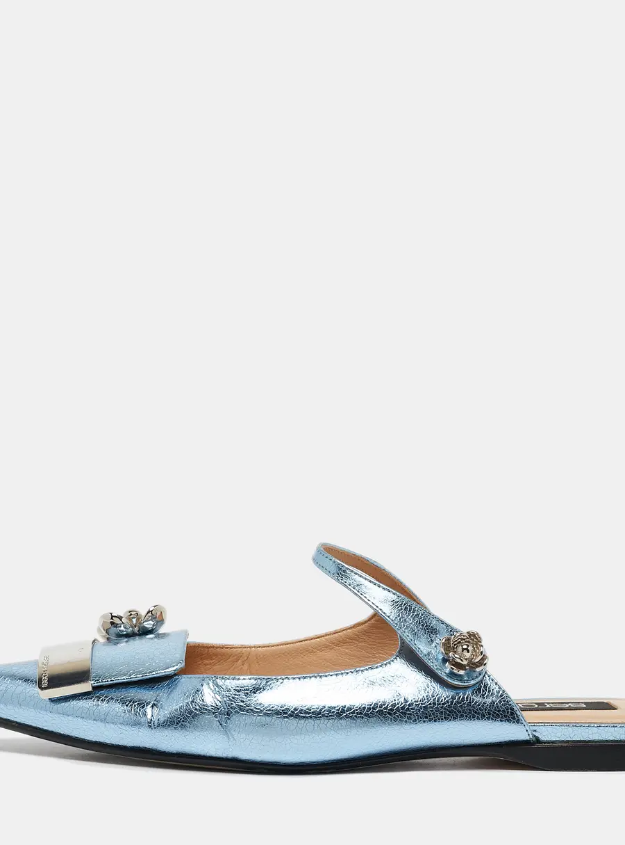 Sergio Rossi Metallic Blue Textured Leather Flower Detail Flat Mules Size 40