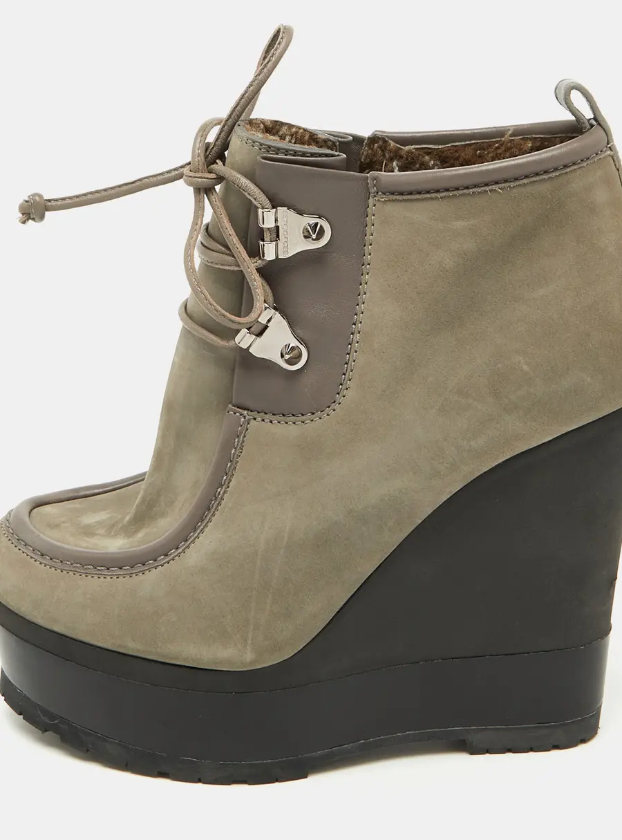 Sergio Rossi Grey Nubuck Leather Woolen Wedge Ankle Boots Size 38