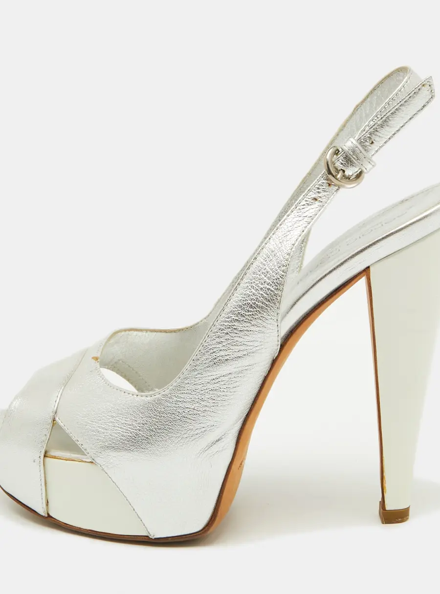 Sergio Rossi Silver Leather Slingback Platform Sandals Size 37