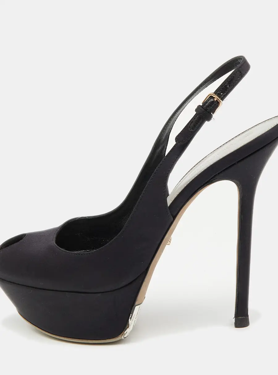Sergio Rossi Black Satin Slingback Peep Toe Pumps Size 37.5