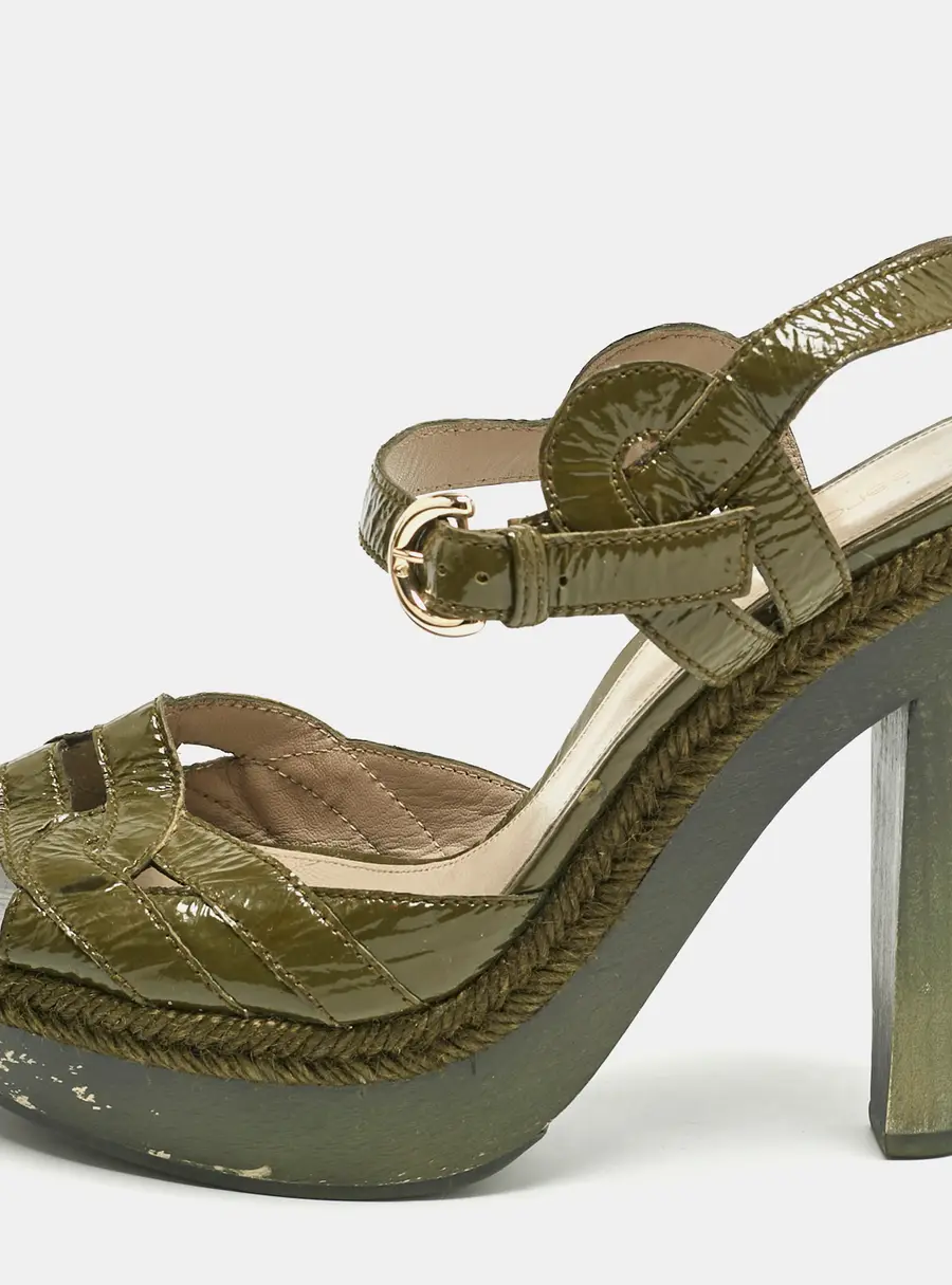 Sergio Rossi Olive Green Patent Leather Platform Ankle Strap Sandals Size 38