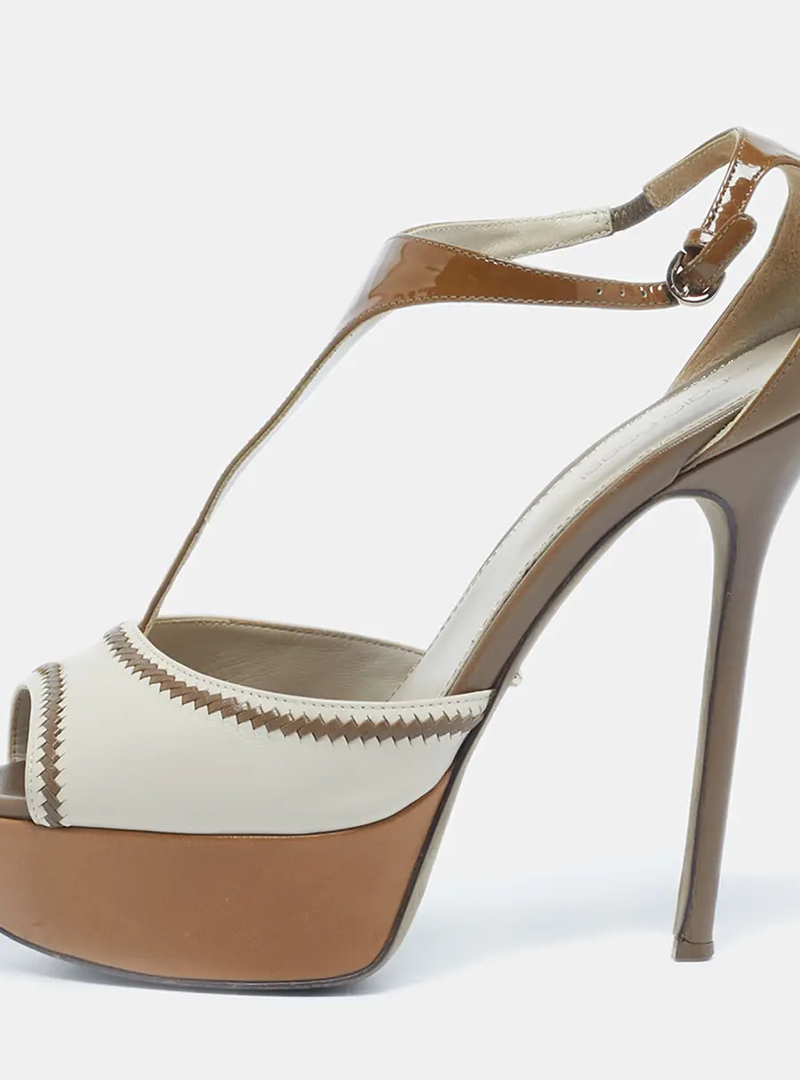 Sergio Rossi Brown/Beige Patent and Leather T Strap Platform Sandals Size 38