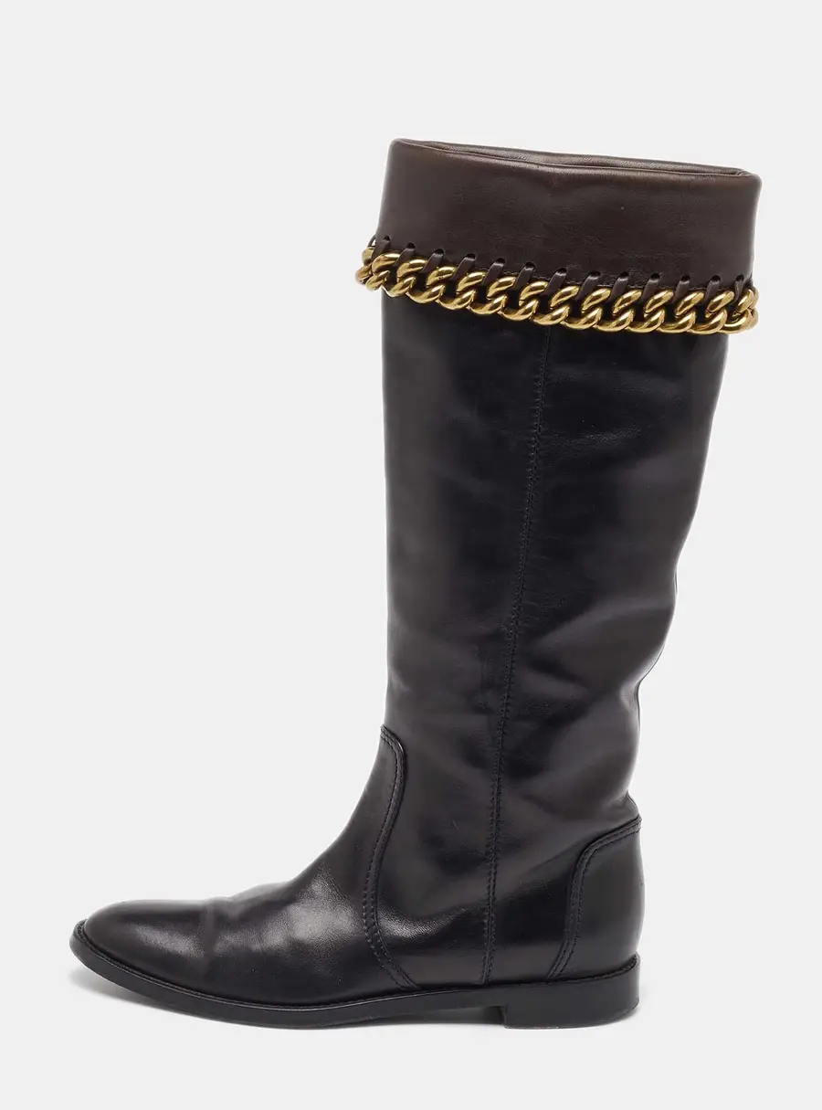 Sergio Rossi Black/Dark Brown Leather Chain Detail Calf Length Boots Size 35.5