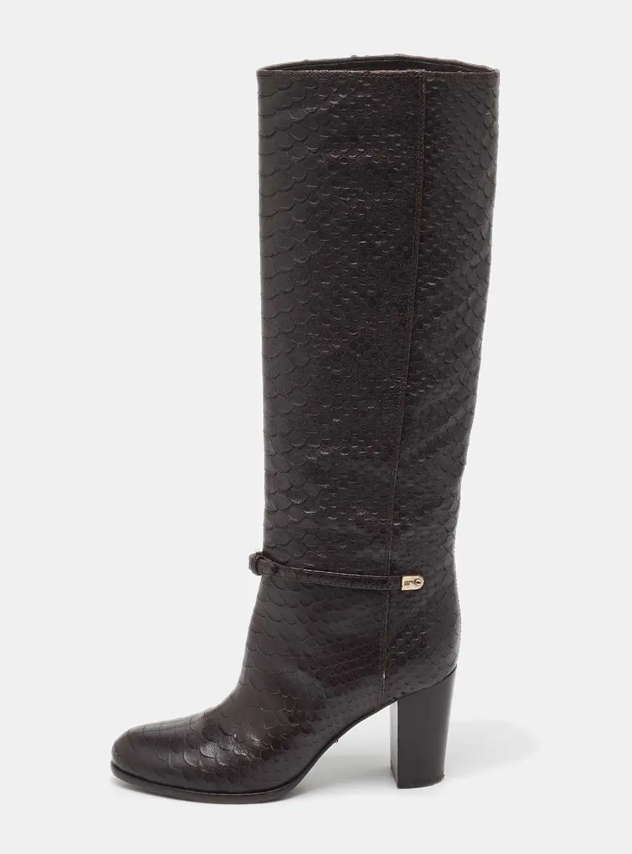 Sergio Rossi Dark Brown Python Embossed Leather Knee Length Boots Size 35.5