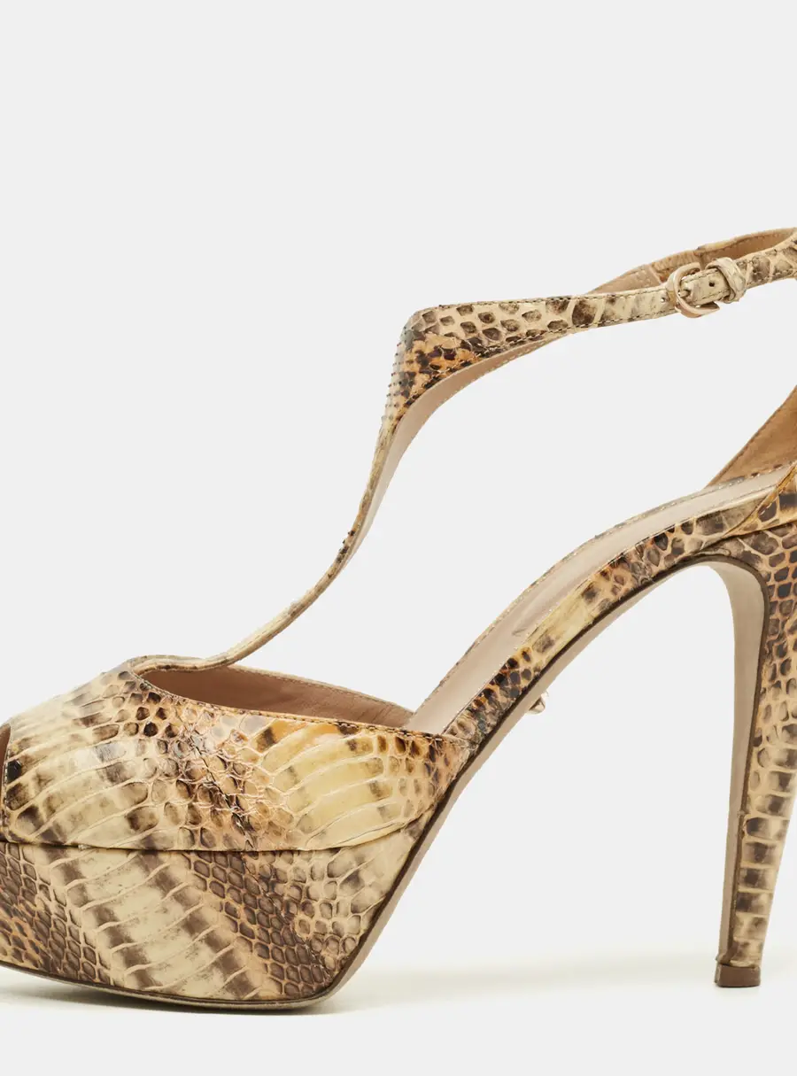 Sergio Rossi Beige/Brown Python Leather T-Strap Platform Sandals Size 39