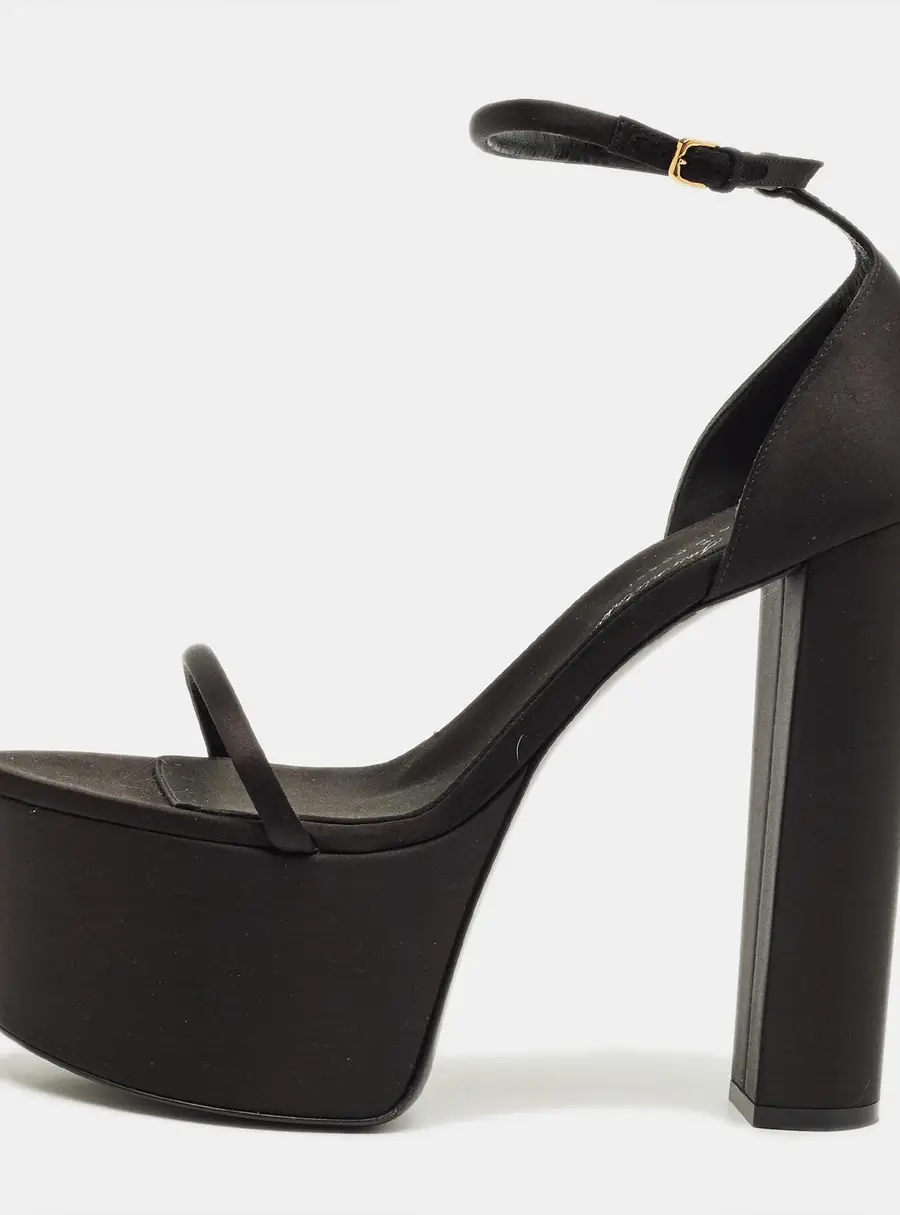 Sergio Rossi Size 41.5 Black Satin Platform Strappy Block Heel Sandals