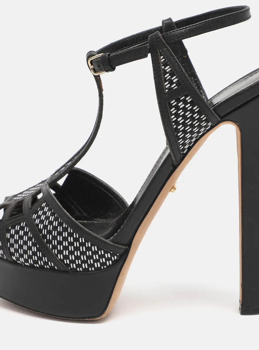 Sergio Rossi Black Monochrome Leather and Straw Platform Sandals Size 35