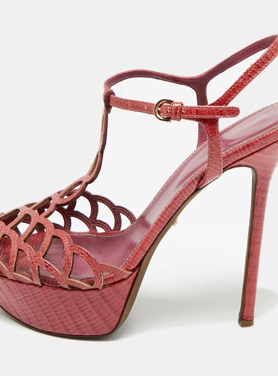 Sergio Rossi Purple Lizard Embossed Leather Cut-out Platform Ankle Strap Sandals Size 39.5