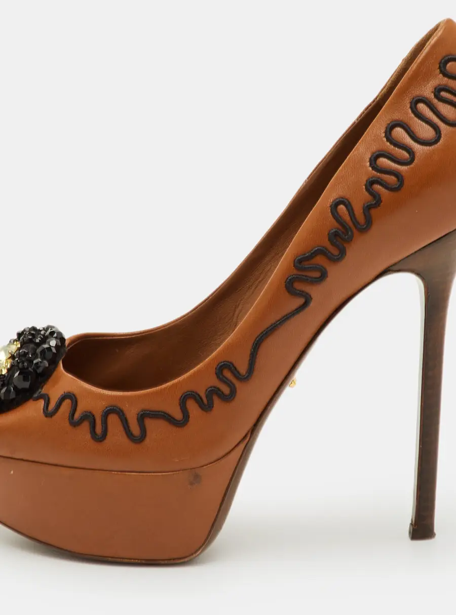 Sergio Rossi Size 37.5 Brown Leather Peep Toe Pumps
