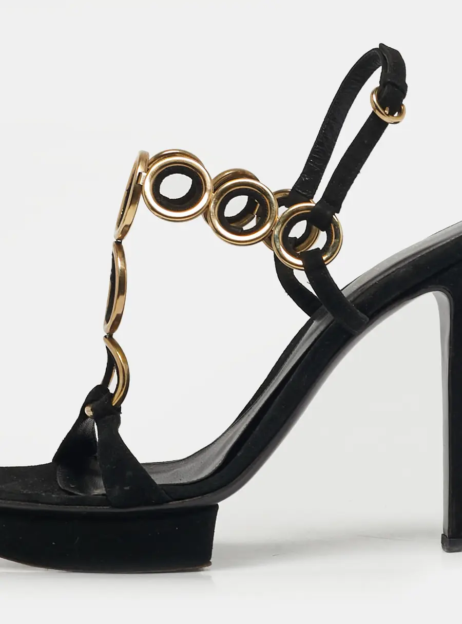 Sergio Rossi Size 40 Black/Gold Metal and T-Strap Platform Slingback Sandals