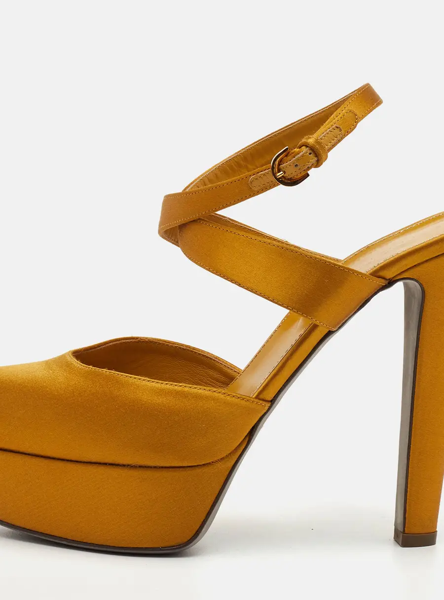 Sergio Rossi Size 37.5 Mustard Yellow Satin Ankle Strap Platform Sandals