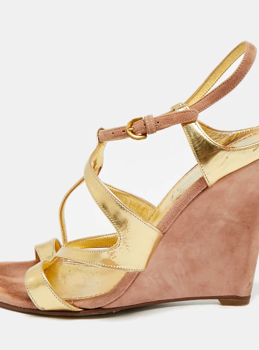 Sergio Rossi Size 37.5 Gold/Beige Leather and Suede Wedge Sandals