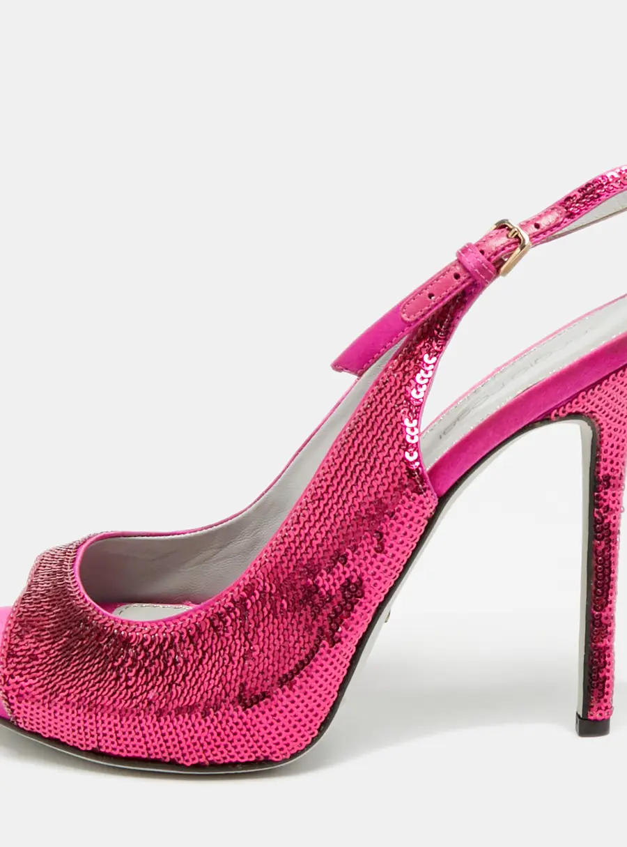 Sergio Rossi Size 37 Pink Satin and Sequins Ankle Strap Sandals