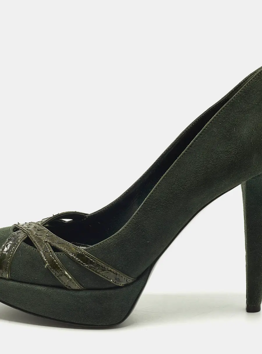 Sergio Rossi Size 38 Green Python Leather and Suede Platform Pumps