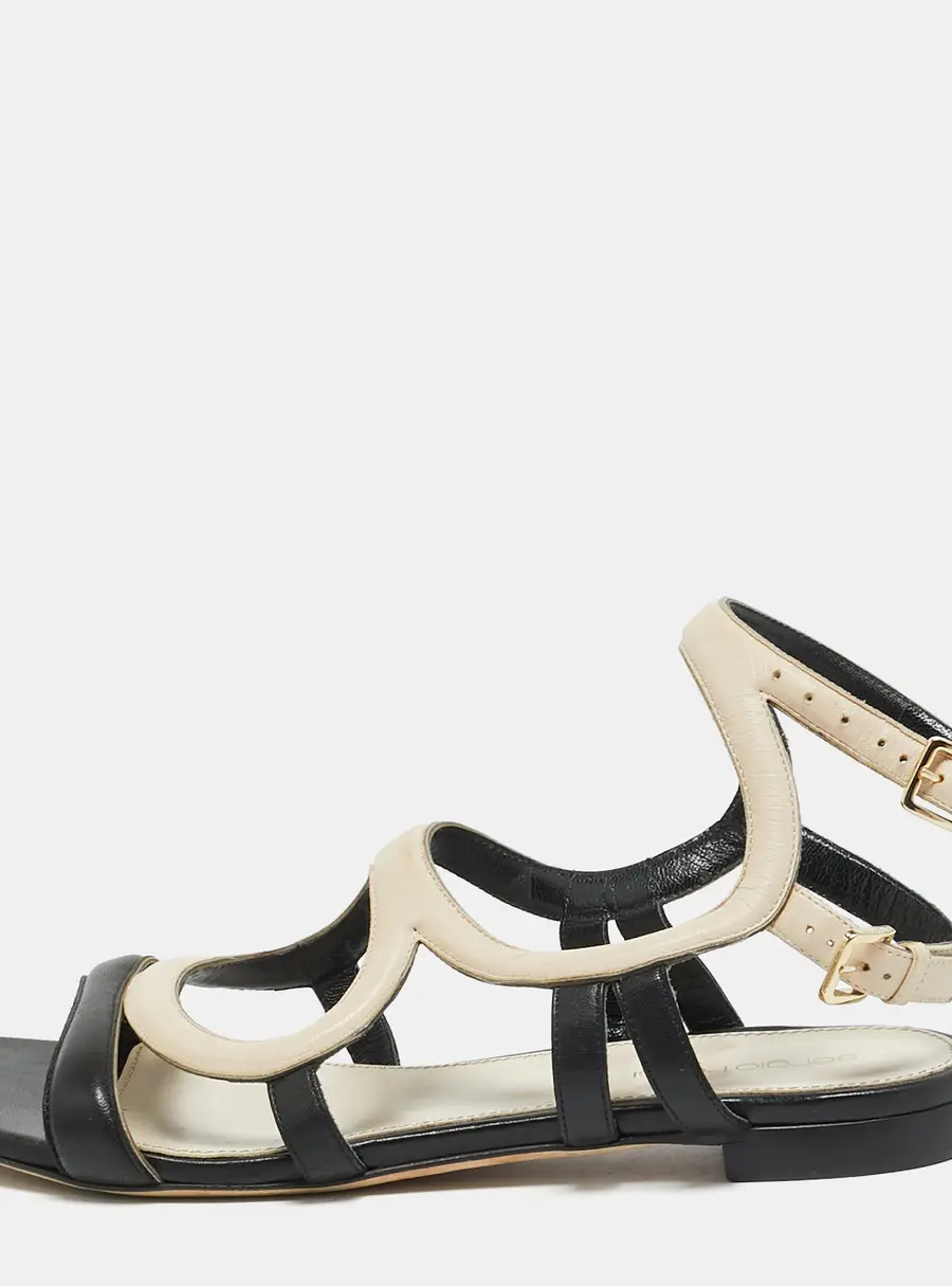 Sergio Rossi Size 39 Off White/Black Leather Ankle Strap Flat Sandals