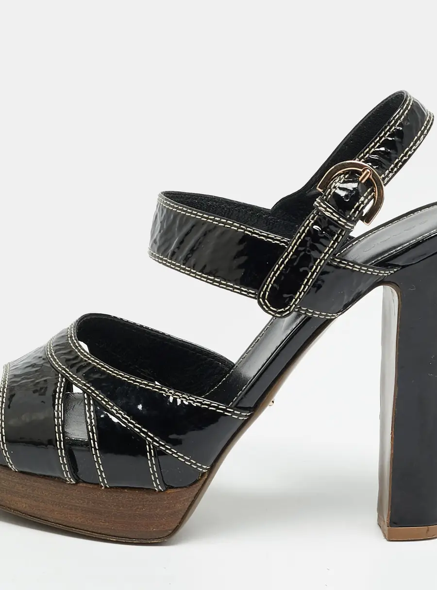 Sergio Rossi Size 37.5 Black Patent Leather Platform Ankle Strap Sandals