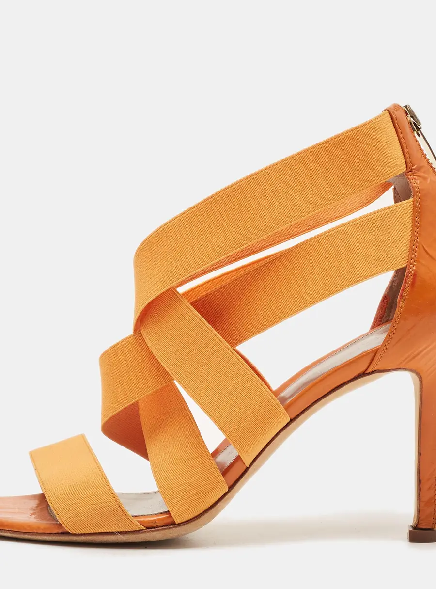 Sergio Rossi Size 39 Orange Elastic and Leather Ankle Strap Sandals